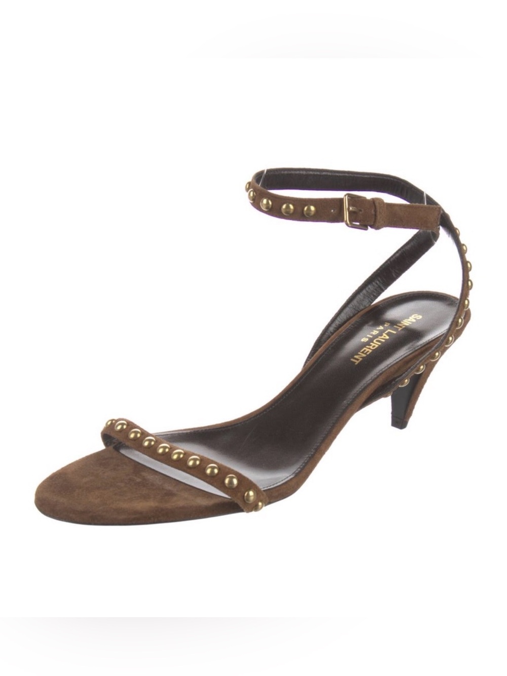 Saint Laurent Brown Suede Studded Ankle-Strap Heel
